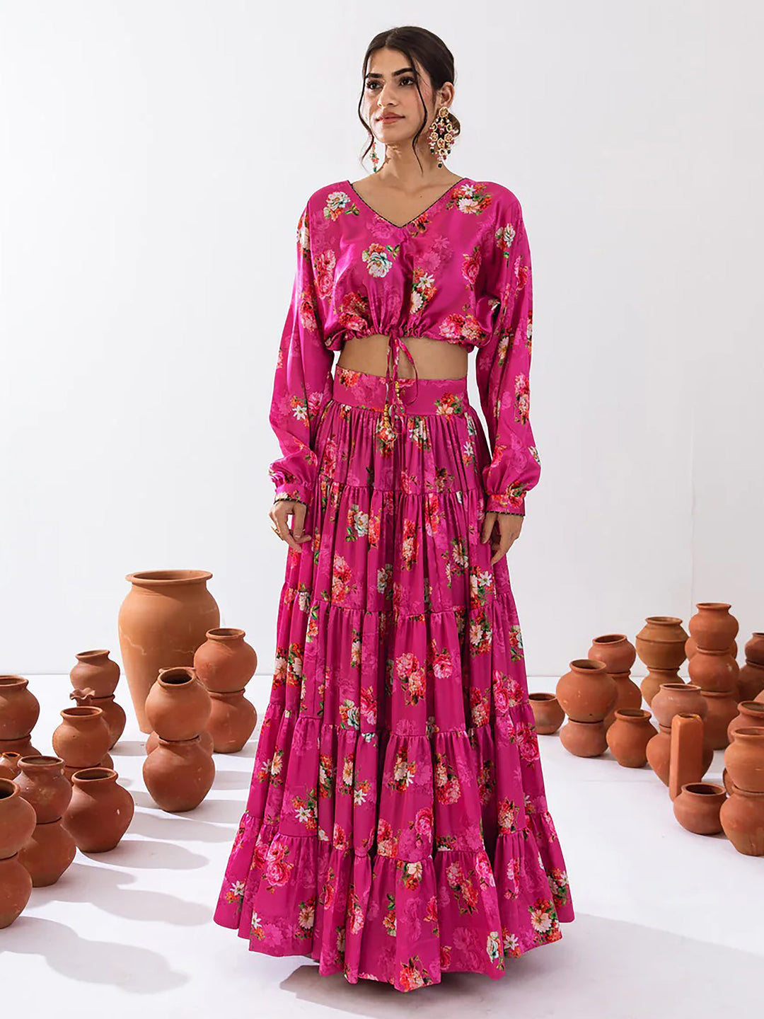 Magnetic Magenta Floral Printed Chinon Festival Wear Crop Top Lehenga