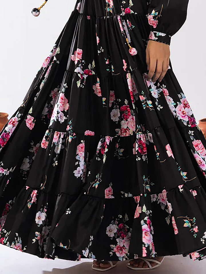 Attractive Black Floral Printed Chinon Party Wear Crop Top Lehenga