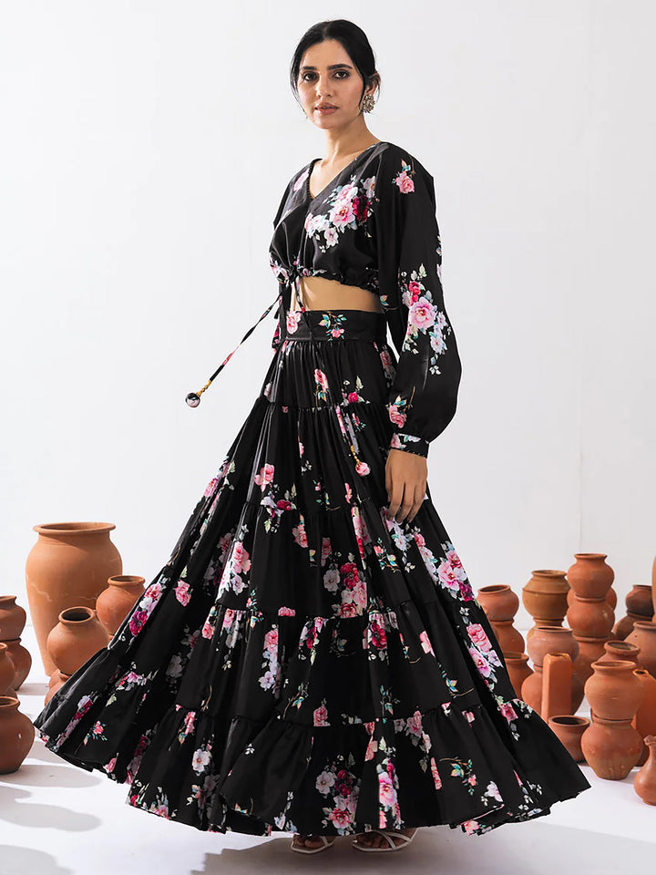 Attractive Black Floral Printed Chinon Party Wear Crop Top Lehenga