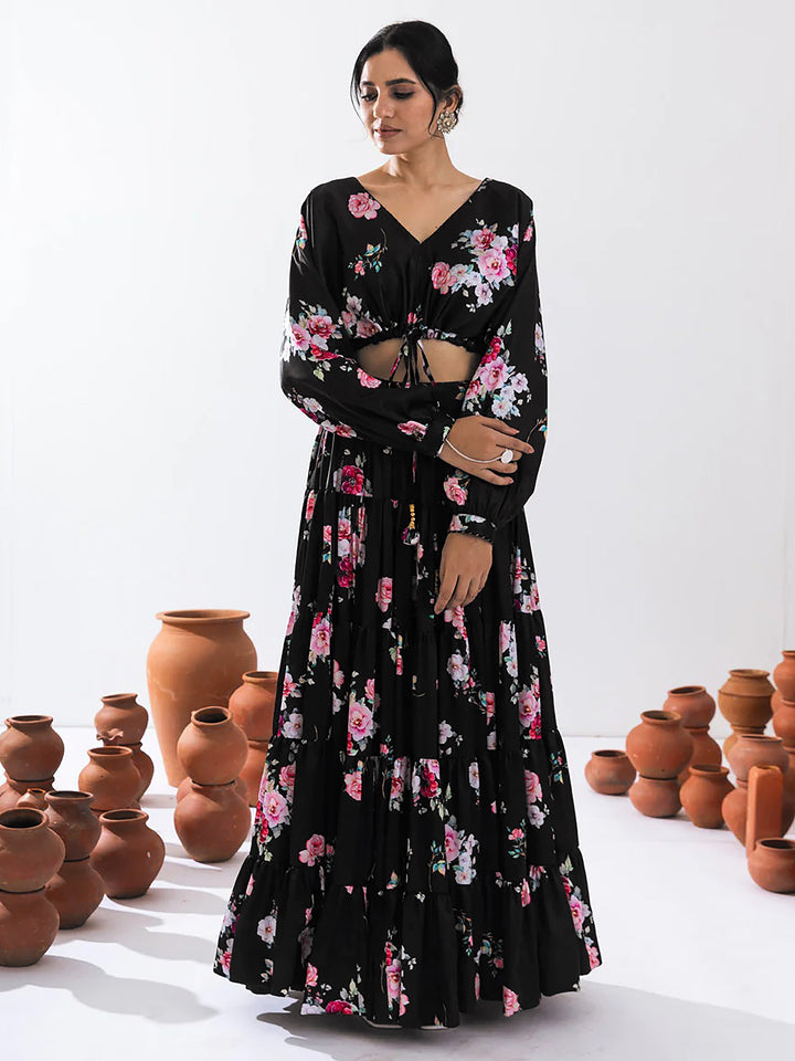 Attractive Black Floral Printed Chinon Party Wear Crop Top Lehenga