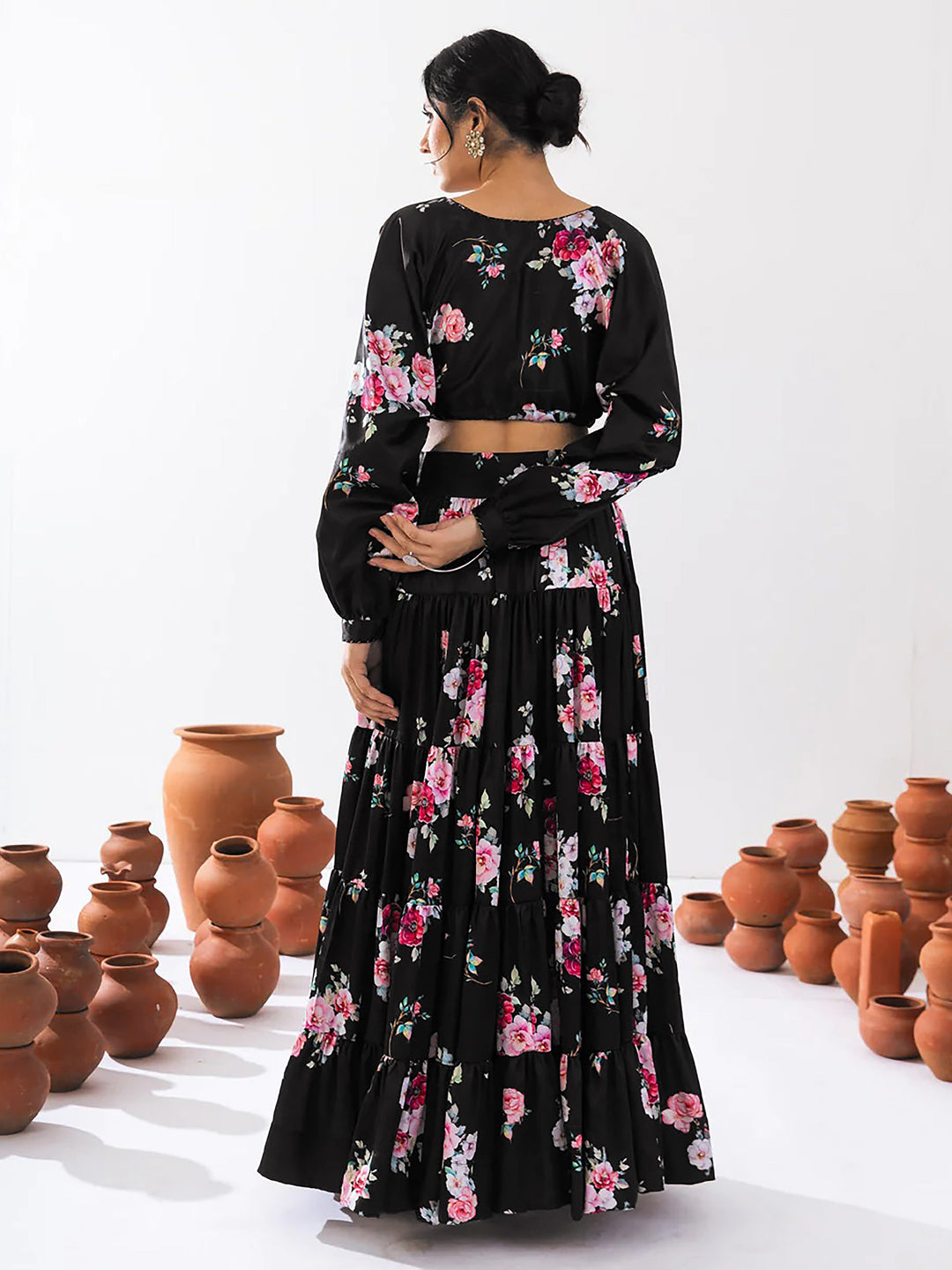 Attractive Black Floral Printed Chinon Party Wear Crop Top Lehenga