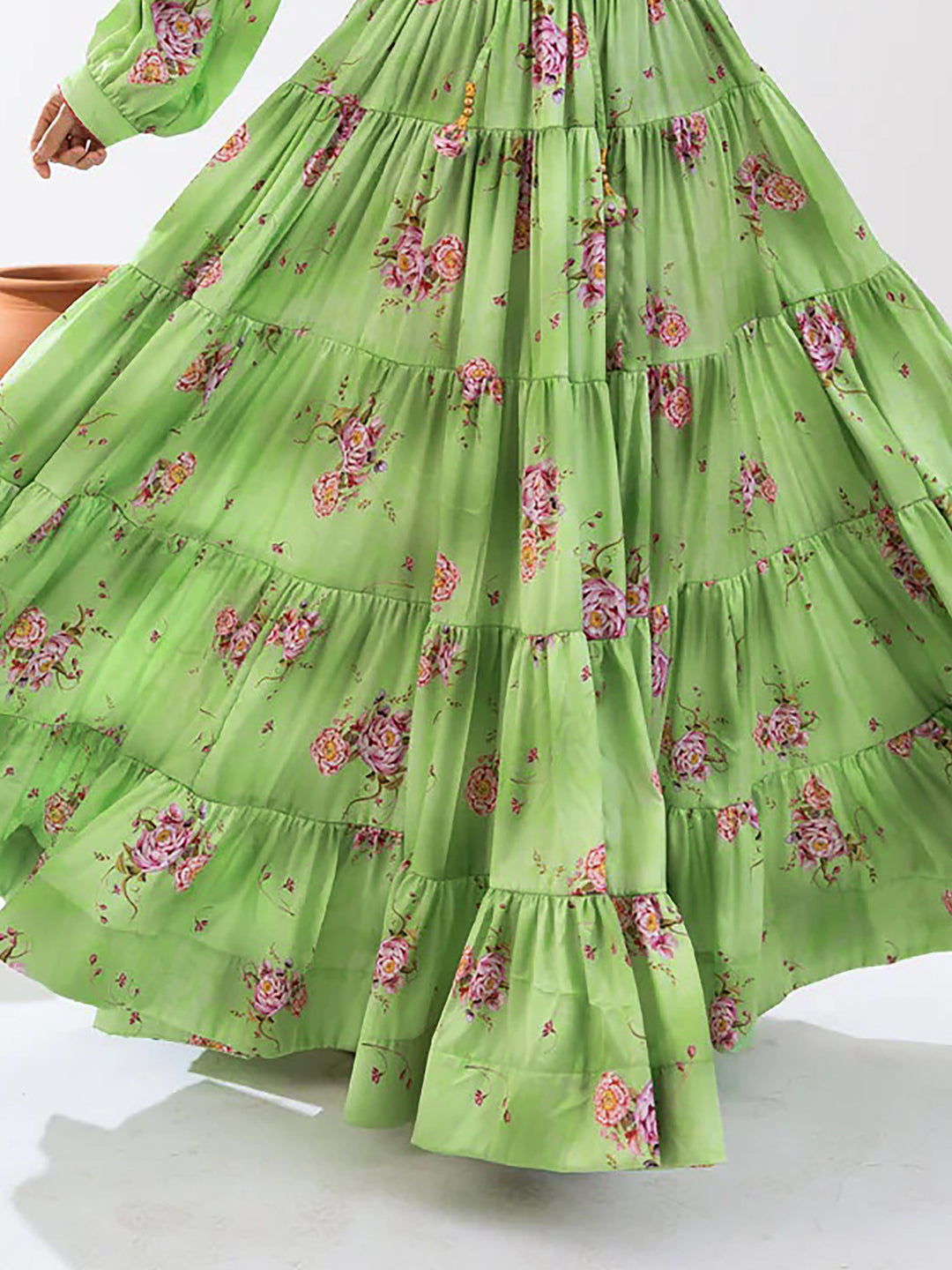 Adorable Pista Green Floral Printed Chinon Event Wear Crop Top Lehenga