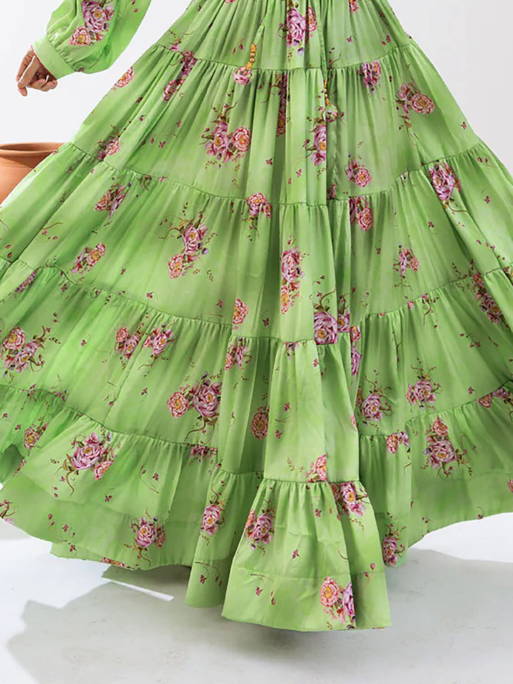 Adorable Pista Green Floral Printed Chinon Event Wear Crop Top Lehenga