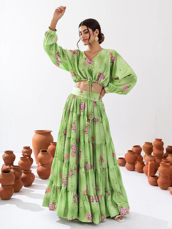 Adorable Pista Green Floral Printed Chinon Event Wear Crop Top Lehenga