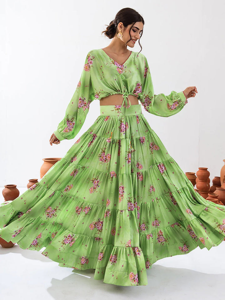 Adorable Pista Green Floral Printed Chinon Event Wear Crop Top Lehenga