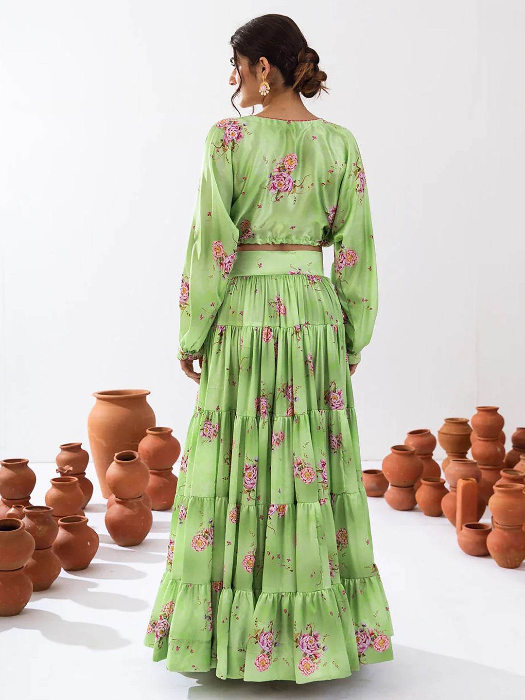 Adorable Pista Green Floral Printed Chinon Event Wear Crop Top Lehenga