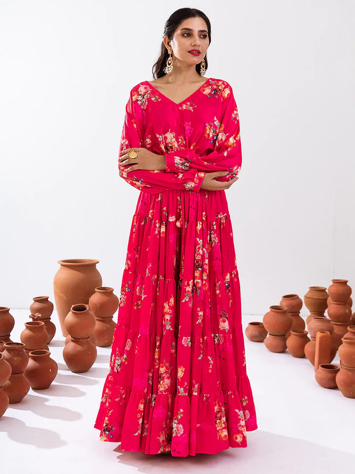 Pretty Pink Floral Printed Chinon Festival Wear Crop Top Lehenga