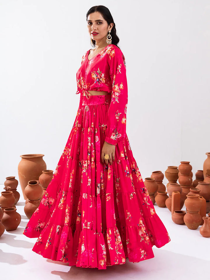 Pretty Pink Floral Printed Chinon Festival Wear Crop Top Lehenga