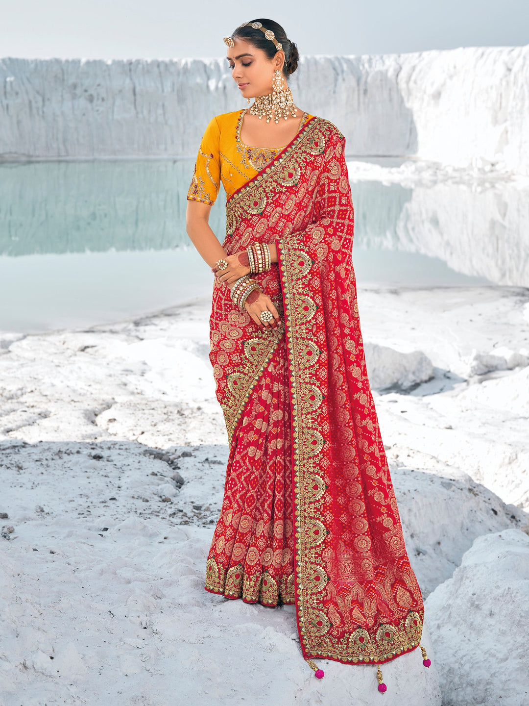 Red georgette saree crafted for elegance and style.