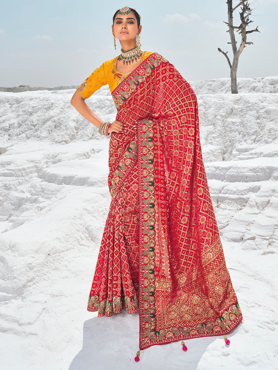 Red georgette saree crafted for elegance and style.