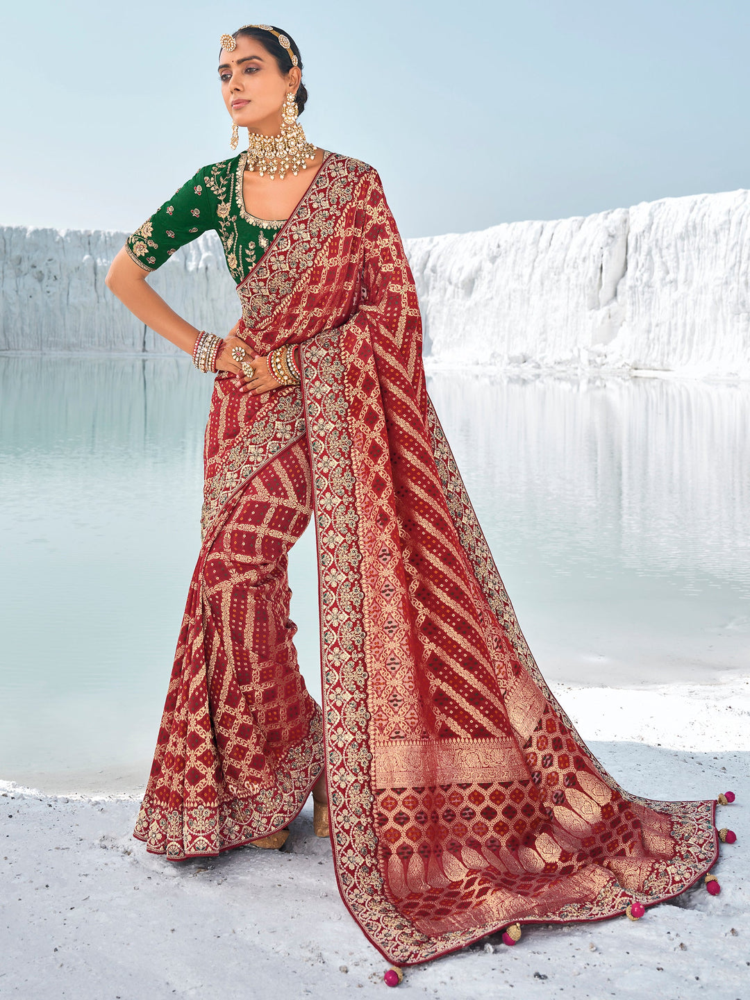 Green georgette saree crafted for elegance and style.