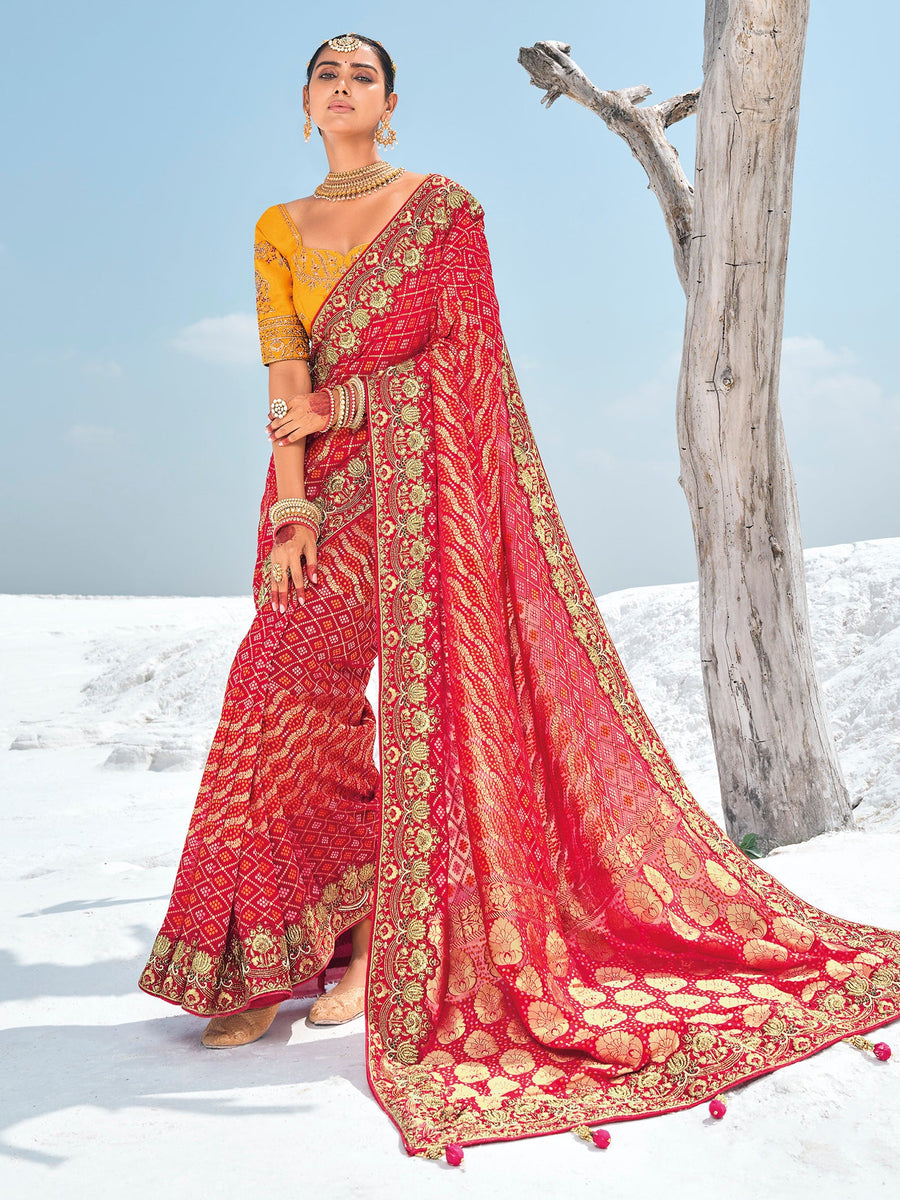 Red georgette saree crafted for elegance and style.