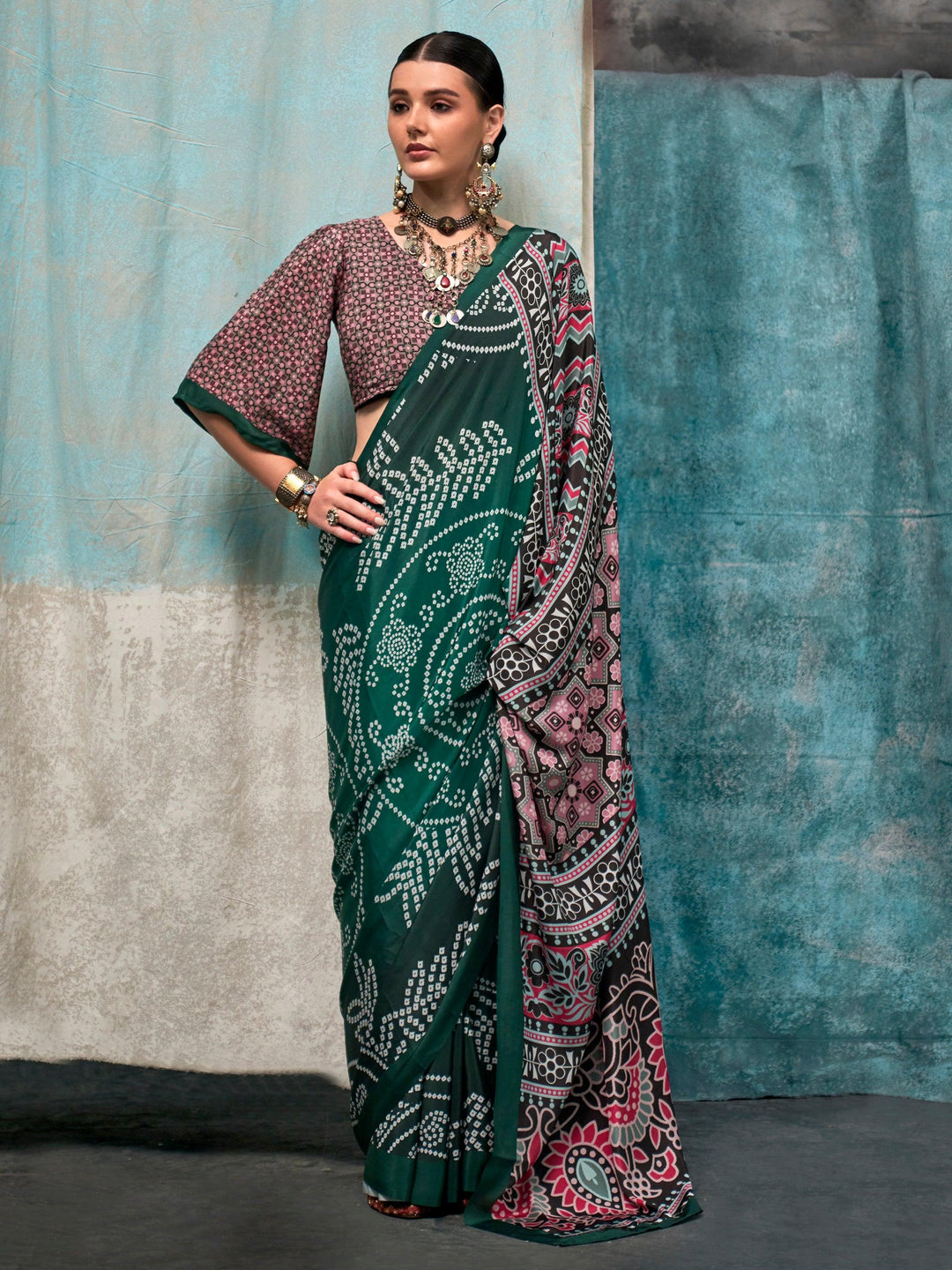 Green crepe saree crafted for elegance and style.