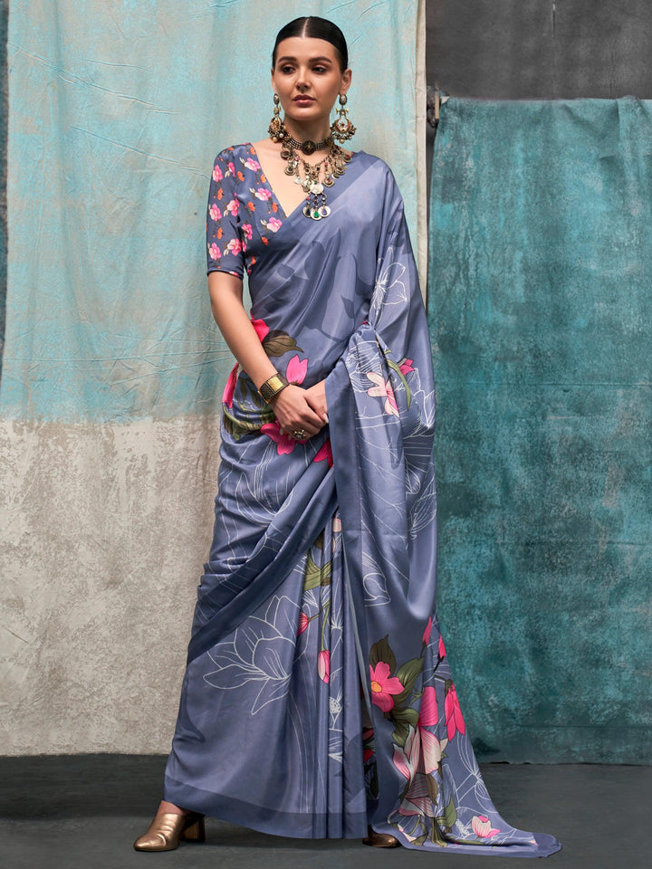 Blue crepe saree crafted for elegance and style.