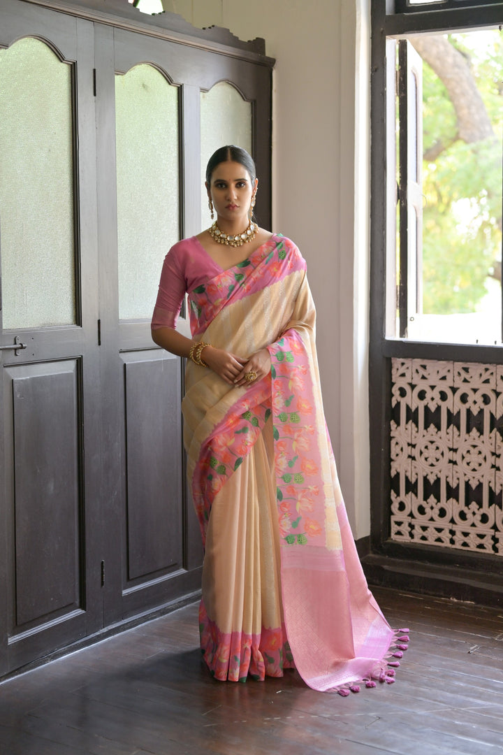 Elegant gray soft silk saree with intricate Pichwai lotus print and exquisite zari pallu, perfect for cultural celebrations.