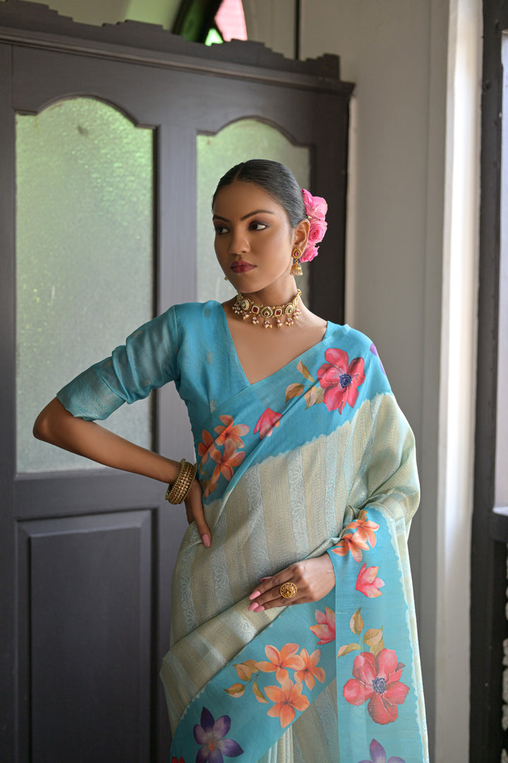 Elegant sky-blue soft silk saree with intricate floral prints and a stunning lotus design on the pallu.