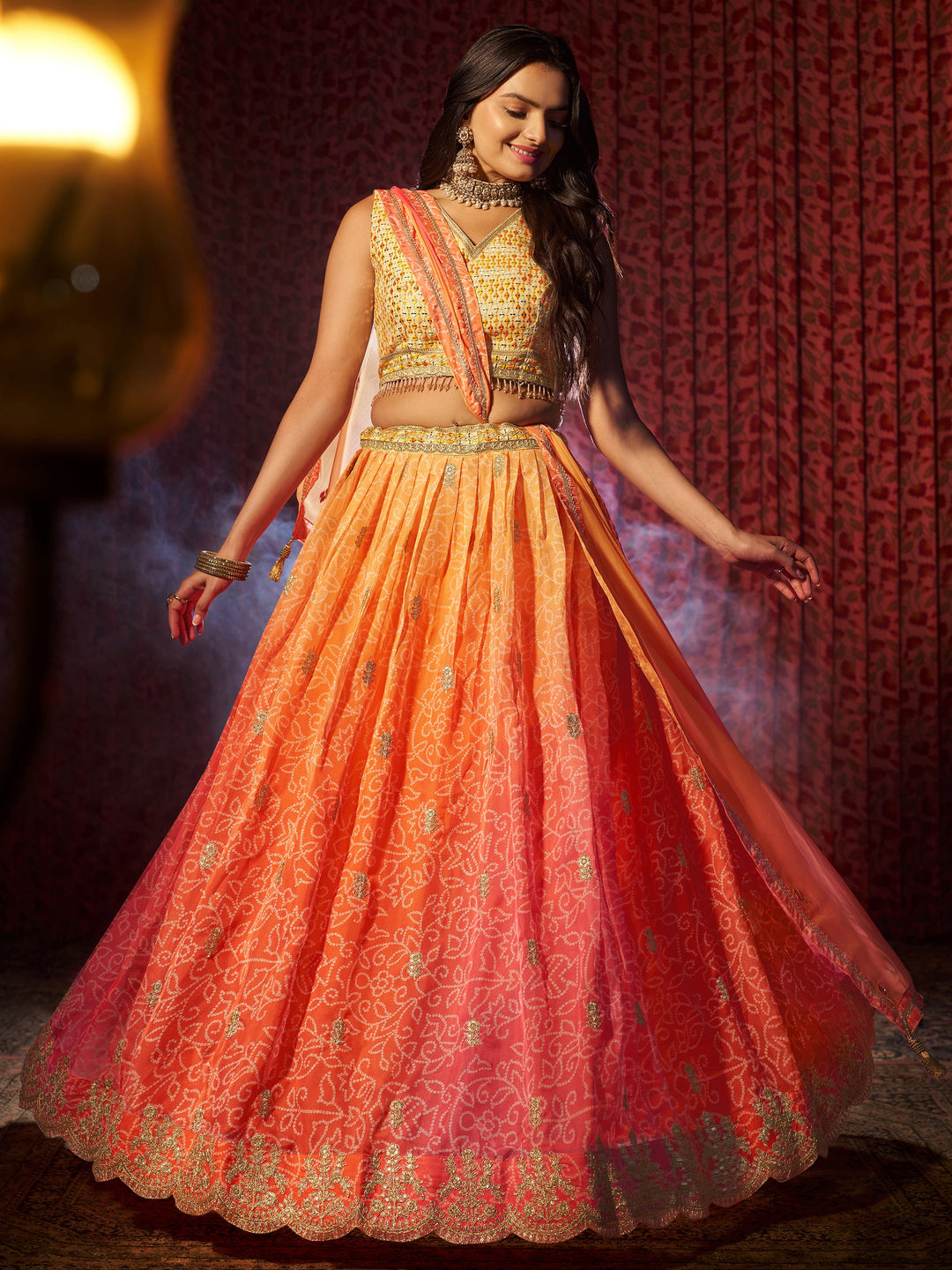 Charming Orange Printed Organza Wedding Lehenga Choli With Dupatta