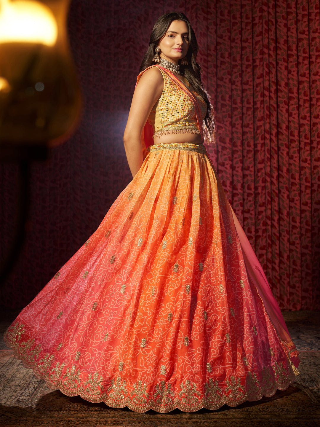 Charming Orange Printed Organza Wedding Lehenga Choli With Dupatta