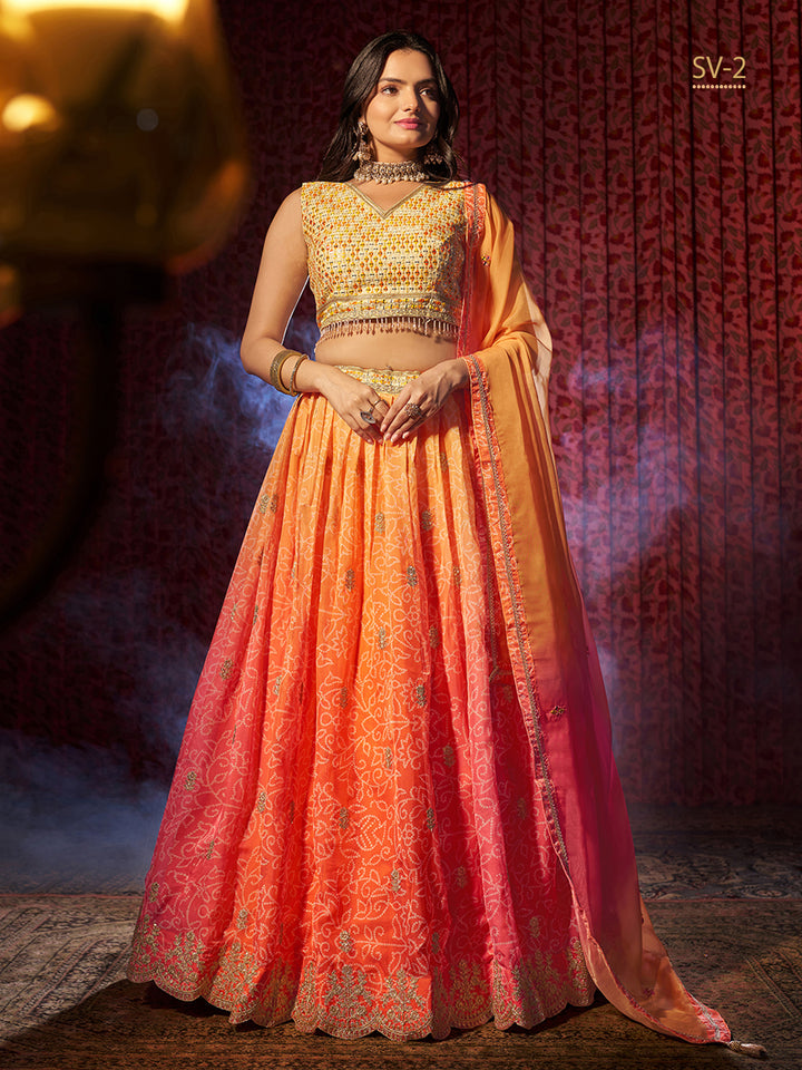 Elegant Organza Lehenga Choli | V-Neck Sleeveless Design for Weddings