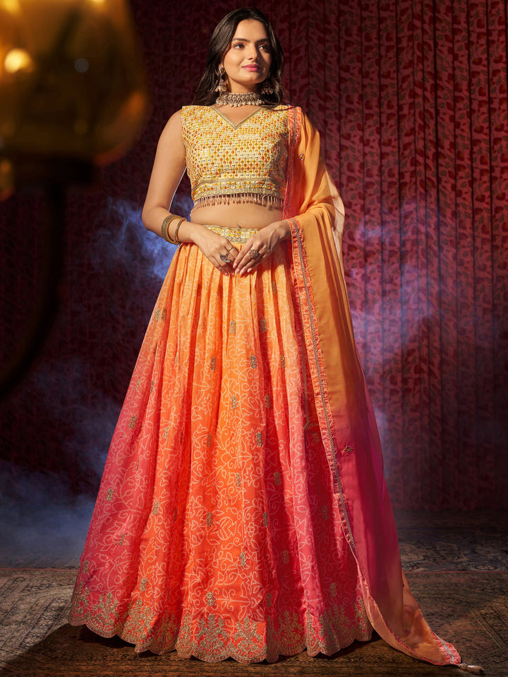 Charming Orange Printed Organza Wedding Lehenga Choli With Dupatta