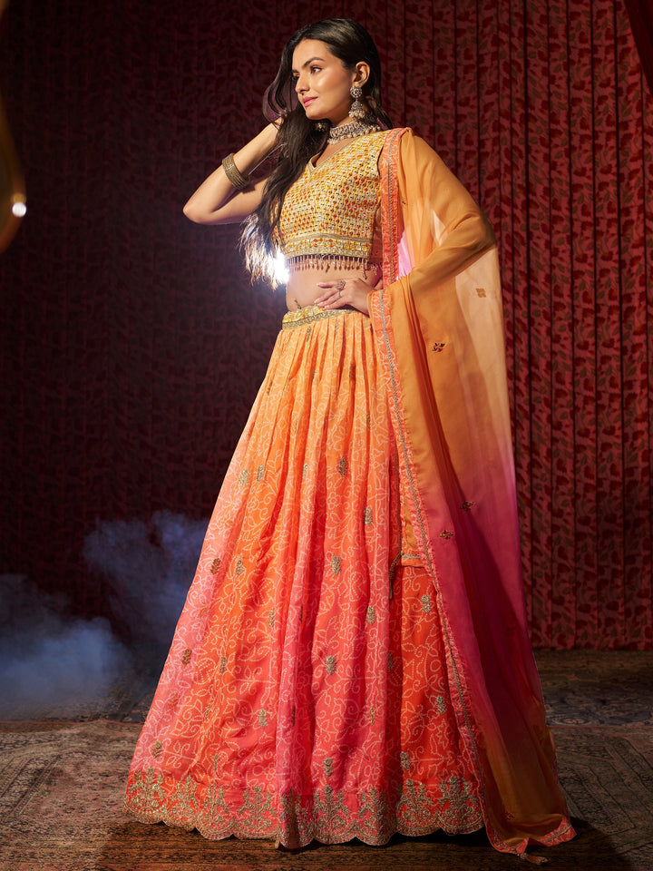 Charming Orange Printed Organza Wedding Lehenga Choli With Dupatta