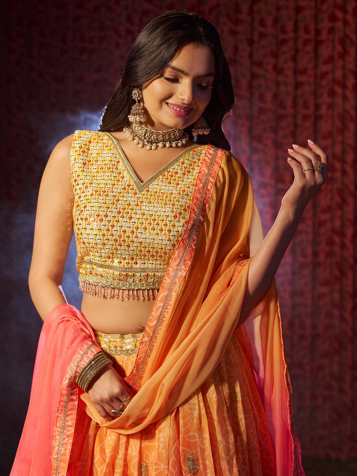 Charming Orange Printed Organza Wedding Lehenga Choli With Dupatta