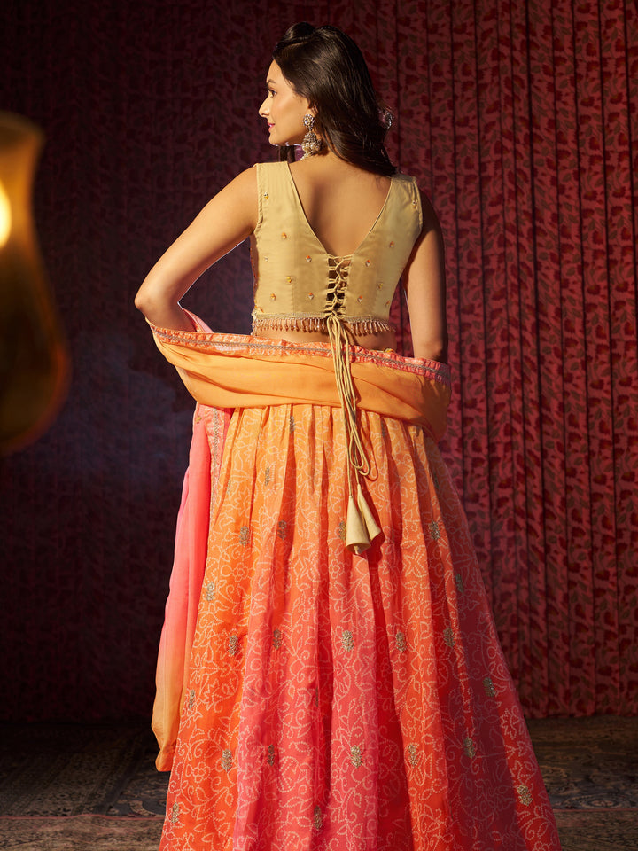 Charming Orange Printed Organza Wedding Lehenga Choli With Dupatta