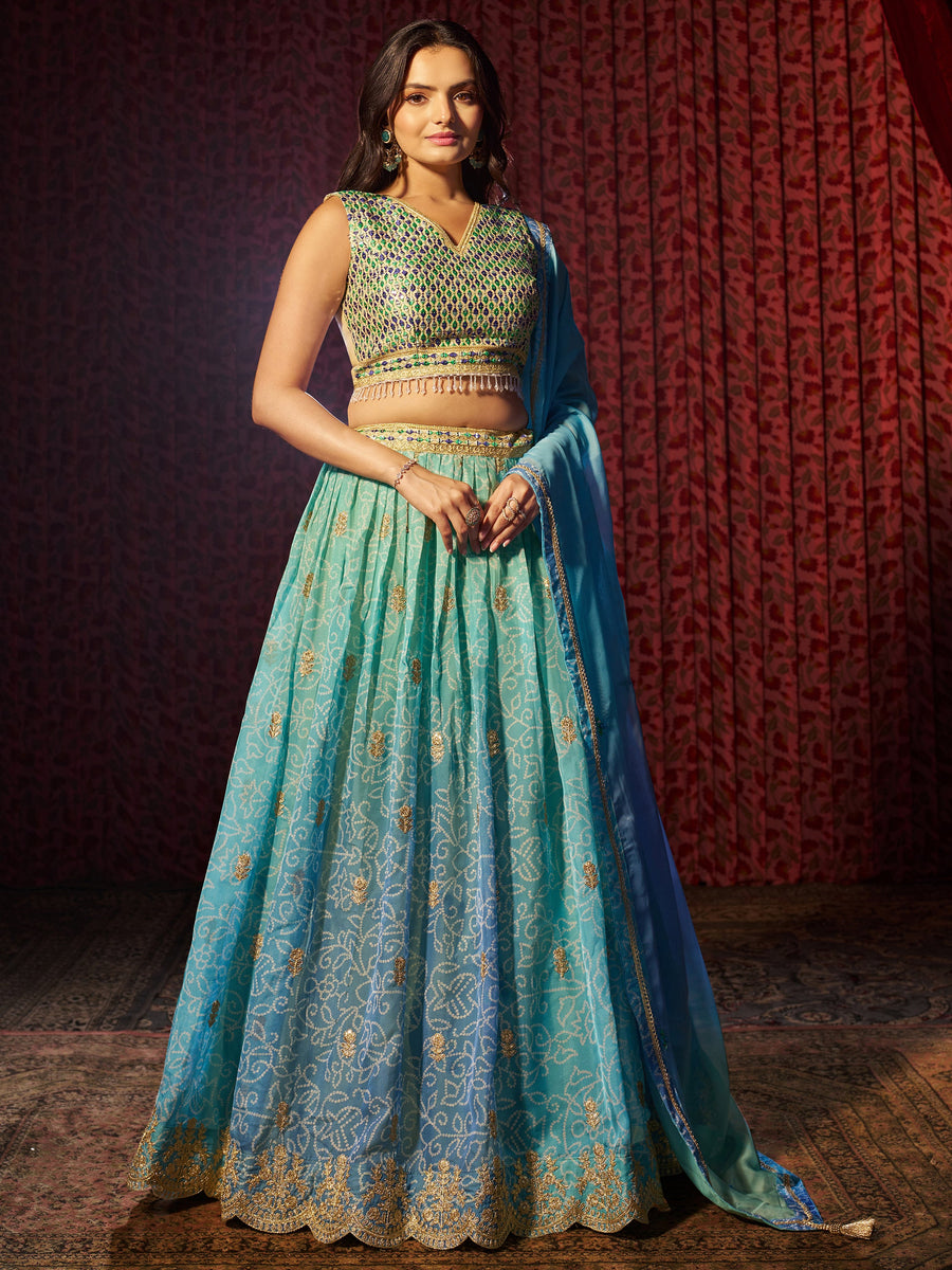 Adorable Blue Printed Organza Sangeet Wear Lehenga Choli With Dupatta