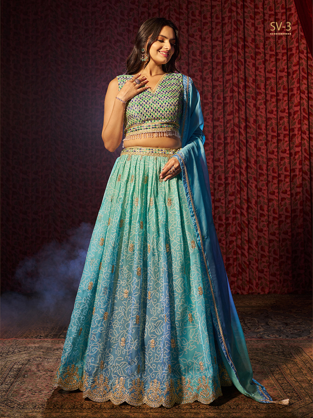 Elegant Organza Lehenga Choli | V-Neck Sleeveless Design for Weddings