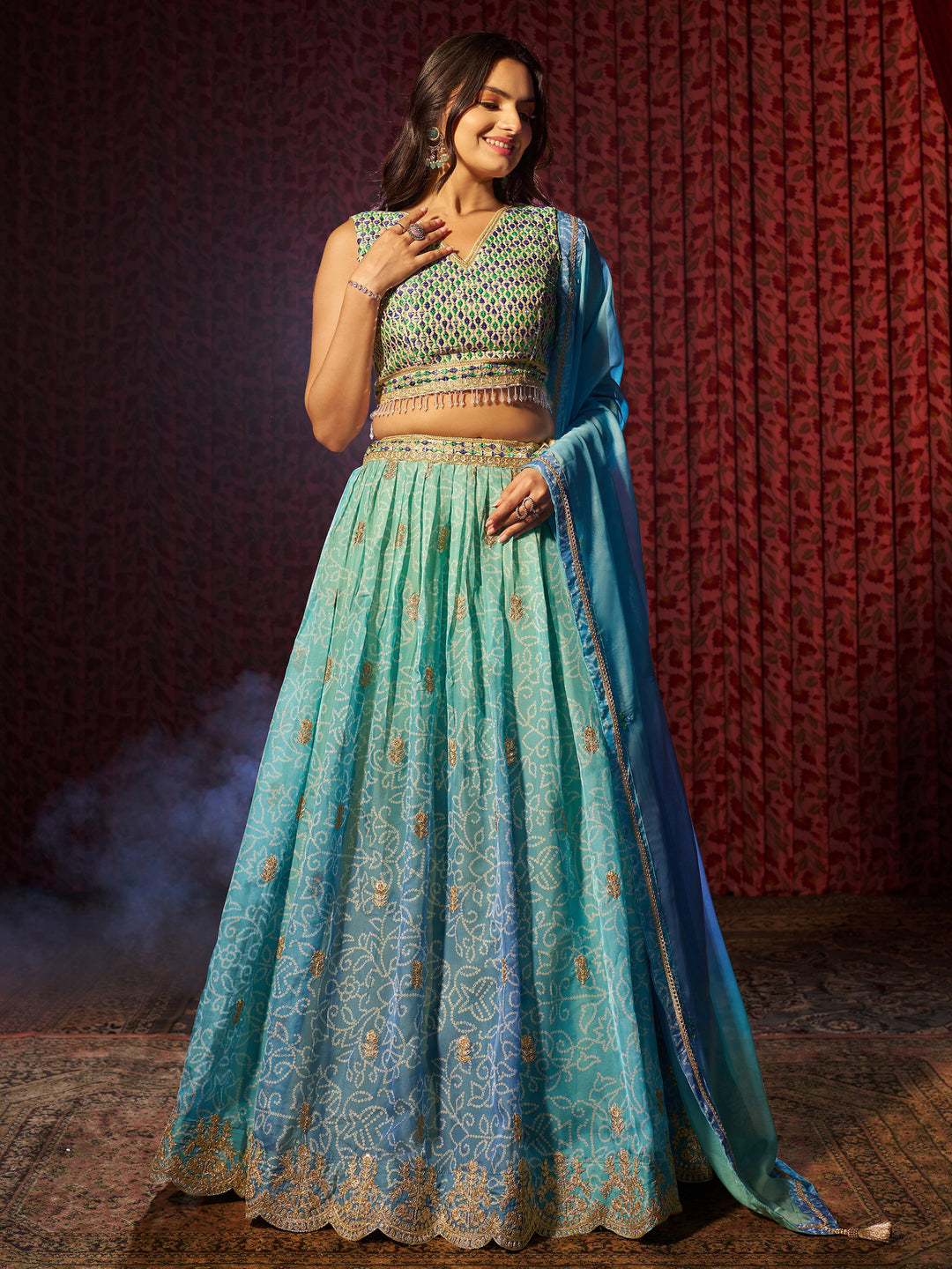 Adorable Blue Printed Organza Sangeet Wear Lehenga Choli With Dupatta