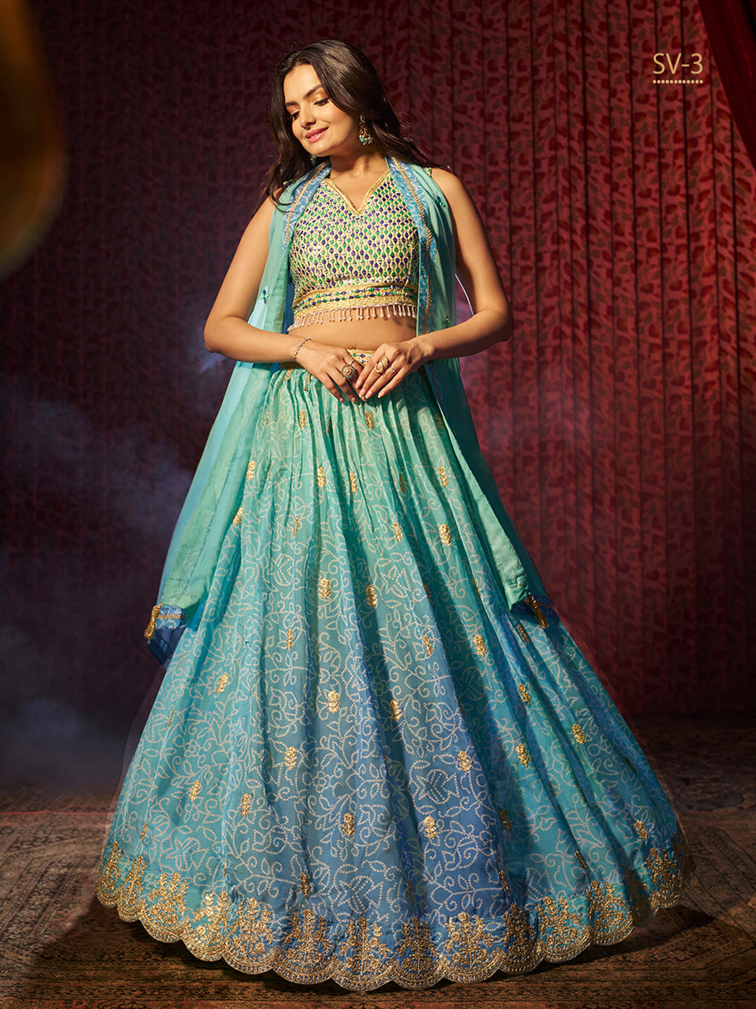 Elegant Organza Lehenga Choli | V-Neck Sleeveless Design for Weddings