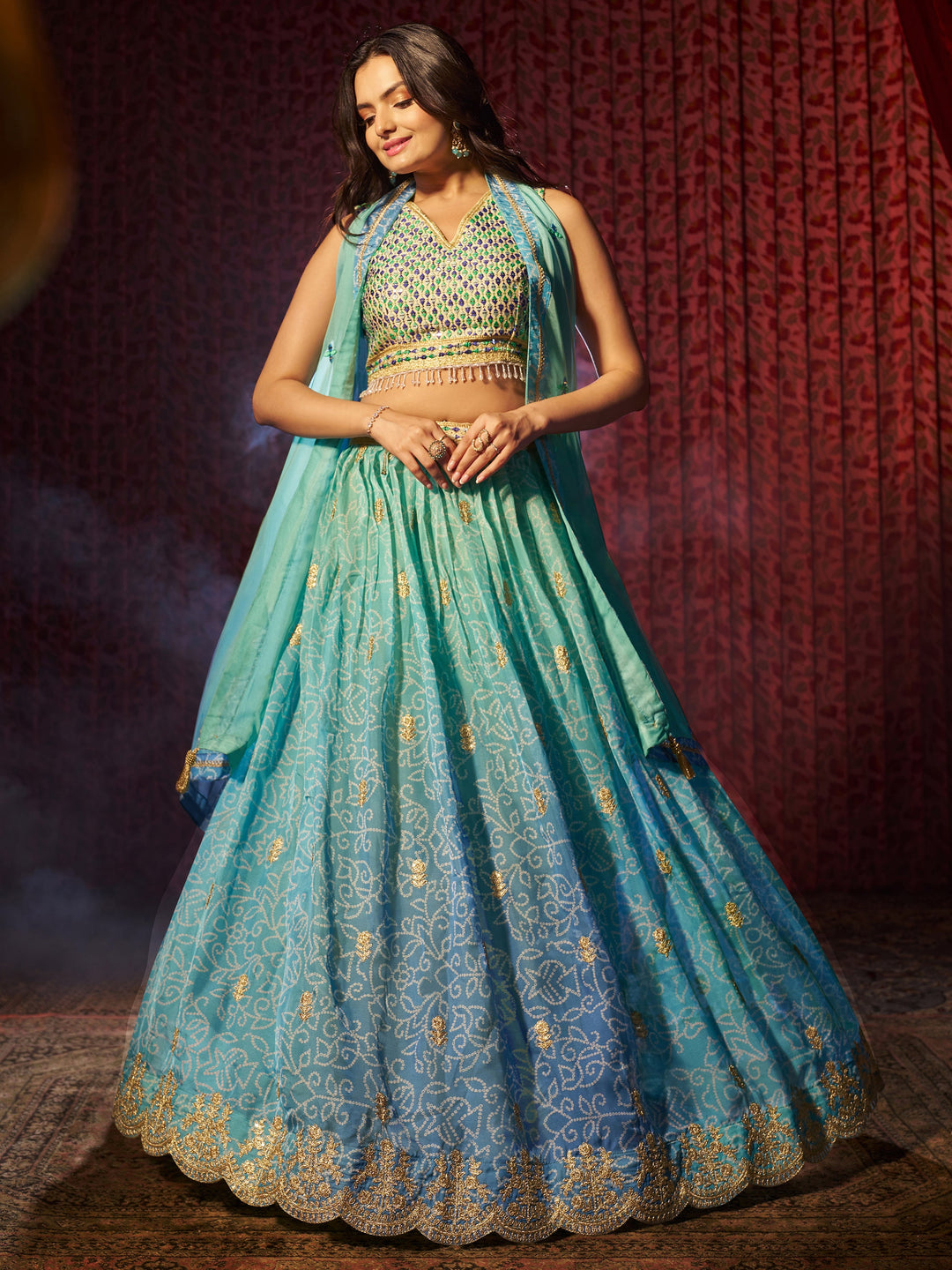 Adorable Blue Printed Organza Sangeet Wear Lehenga Choli With Dupatta