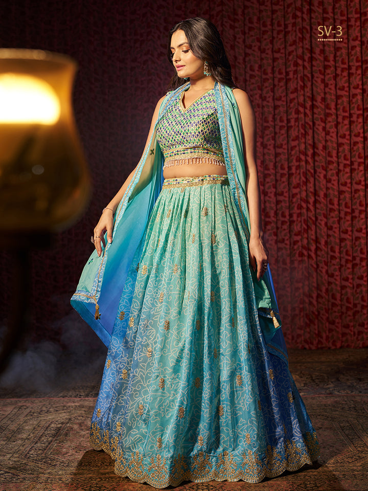 Elegant Organza Lehenga Choli | V-Neck Sleeveless Design for Weddings