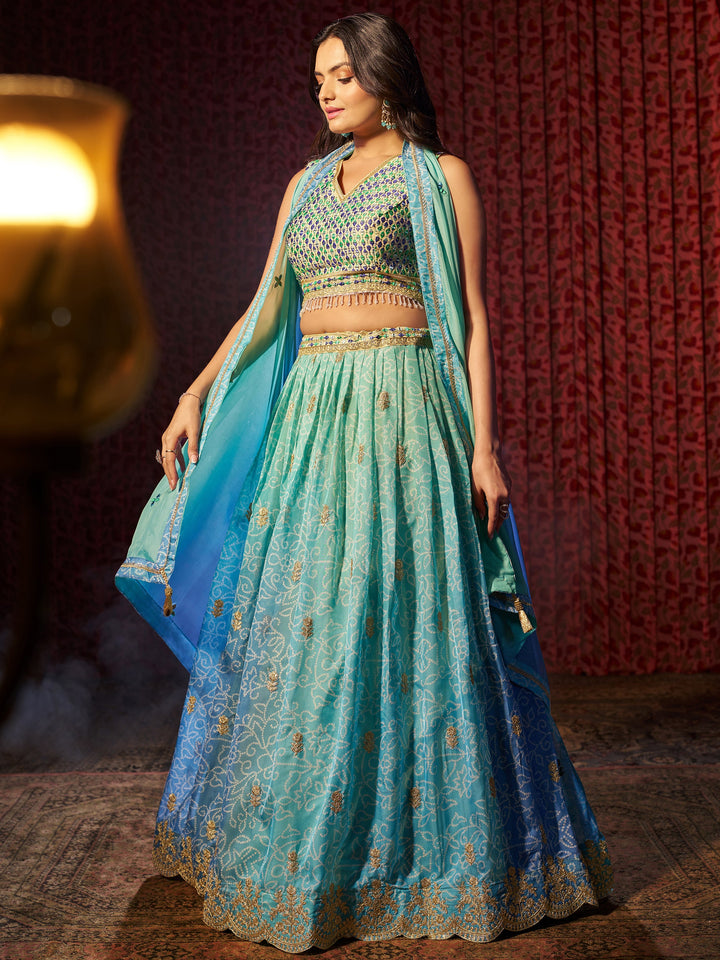 Adorable Blue Printed Organza Sangeet Wear Lehenga Choli With Dupatta