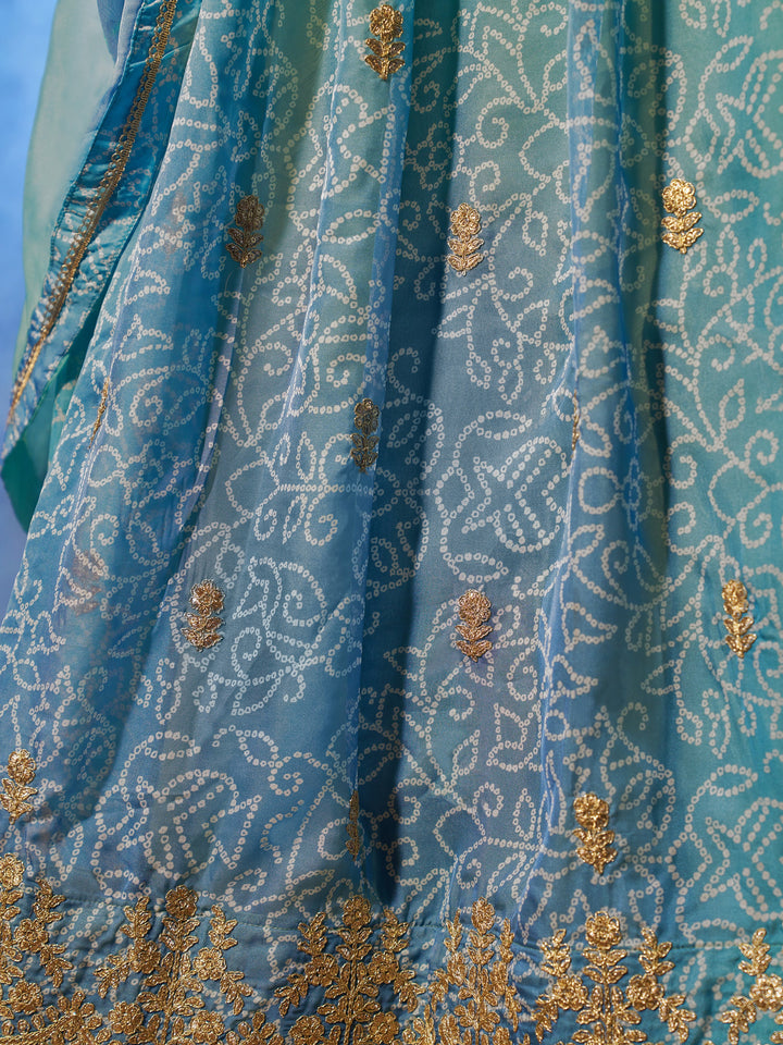 Adorable Blue Printed Organza Sangeet Wear Lehenga Choli With Dupatta