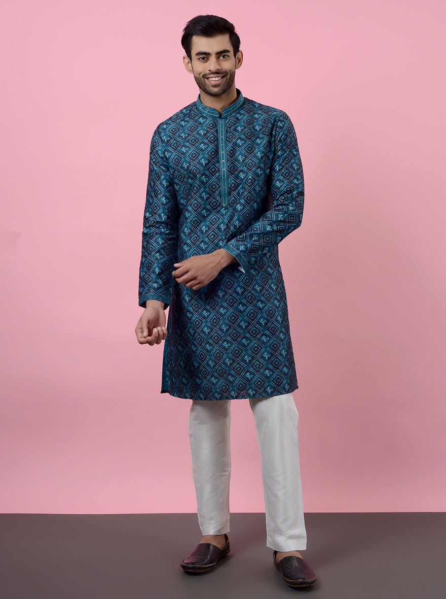 Silk blend dark sea green kurta pajama, perfect for USA festive pooja occasions.