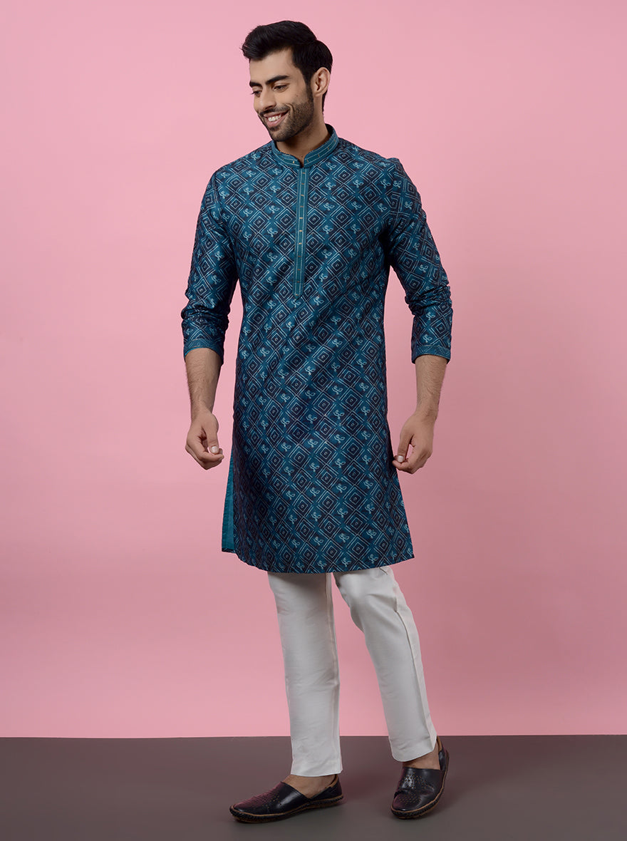 USA men’s dark sea green kurta pajama, crafted for pooja celebrations.