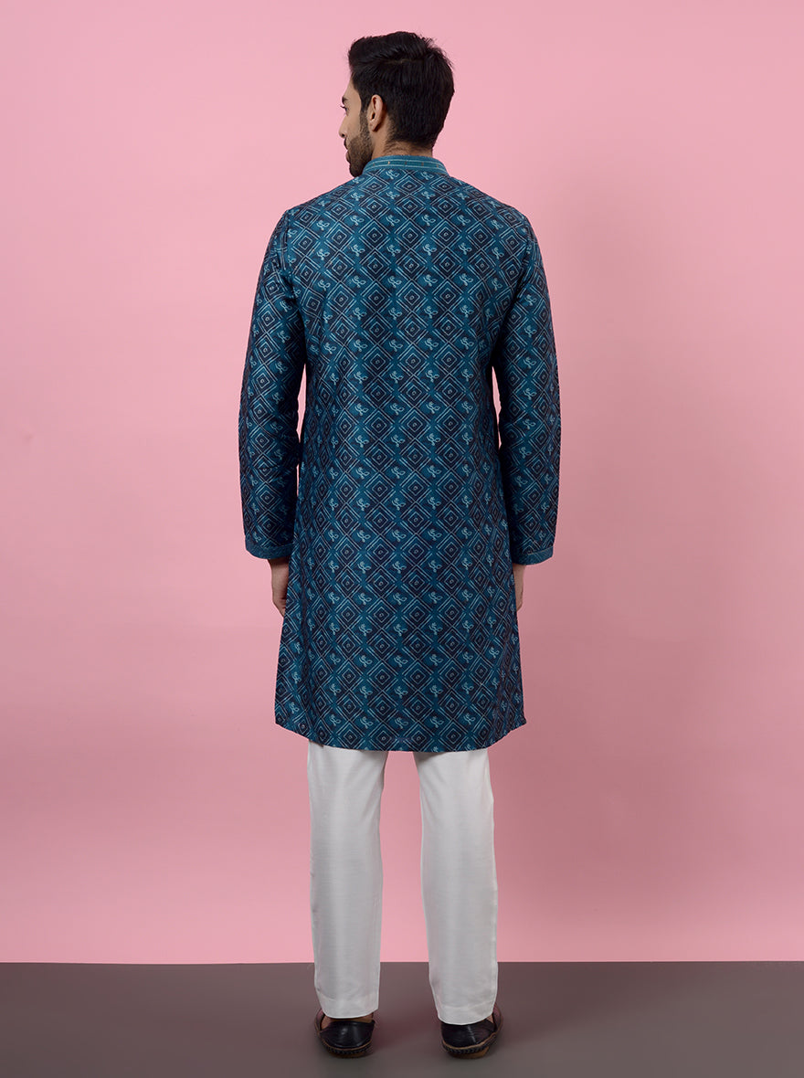 Elegant dark sea green kurta pajama, embroidered silk blend for USA men’s pooja.