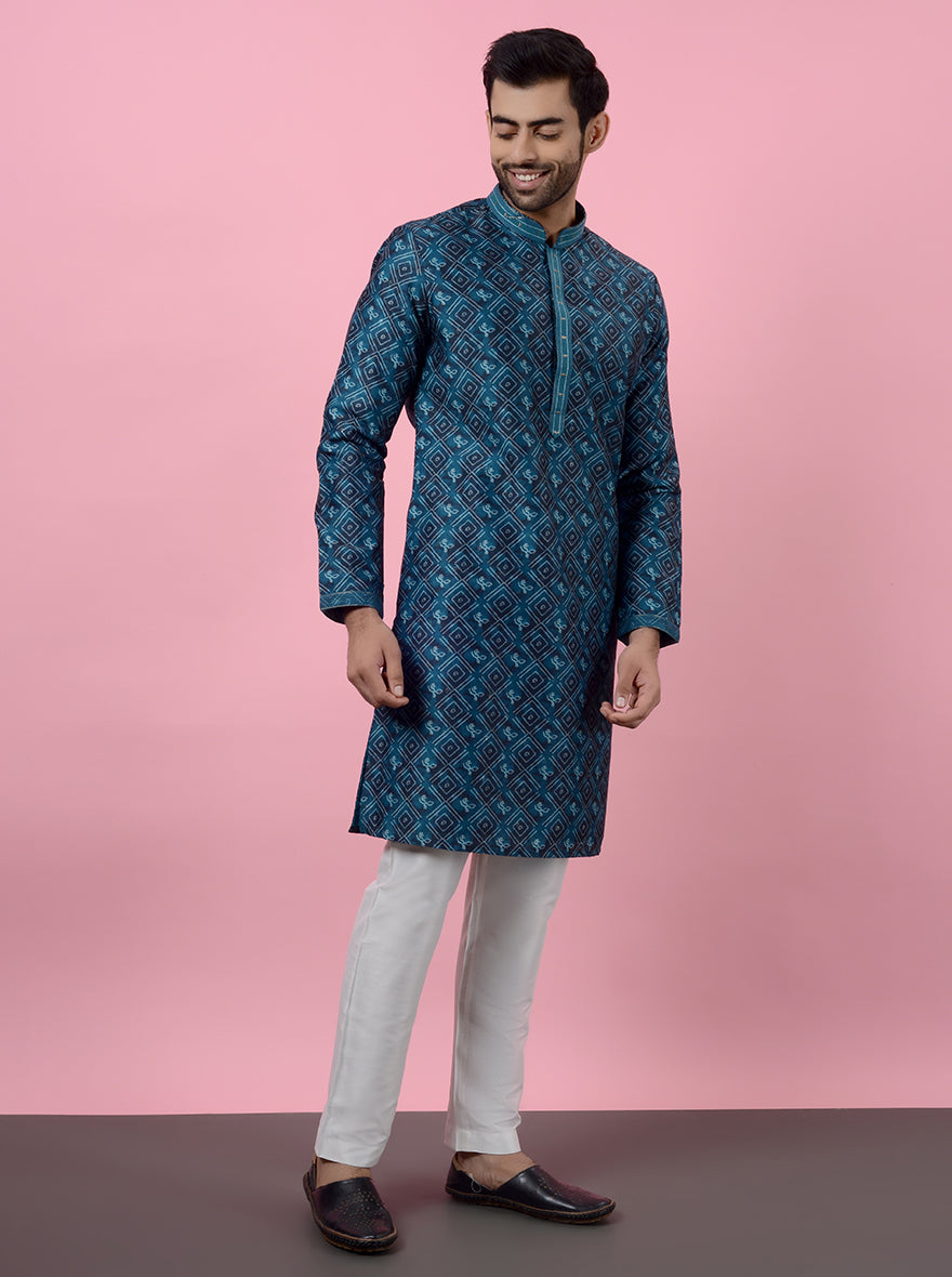 USA festive dark sea green kurta pajama, designed for men’s pooja events.