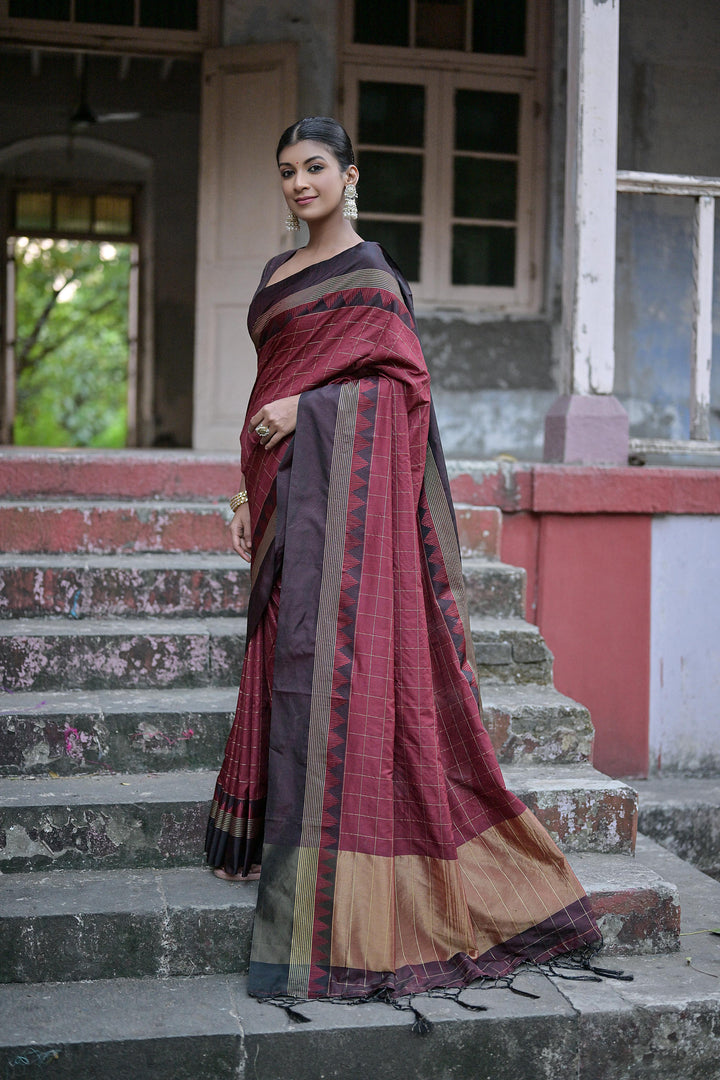 Raw silk saree featuring contrast temple border, checks, and zari pallu