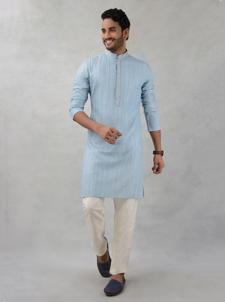 Men's Blue Georgette Kurta Pajama with Thread Embroidery