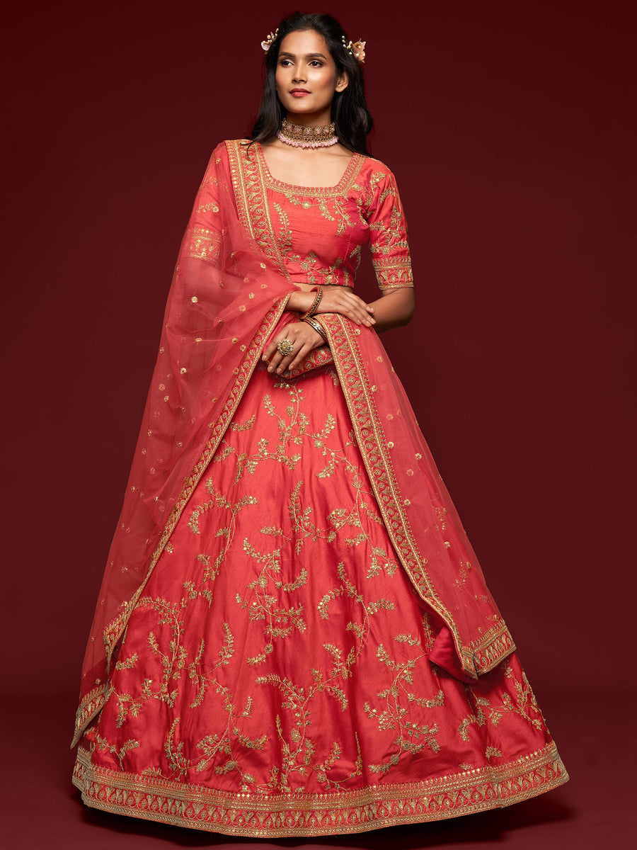 Coral red art silk lehenga with thread and zari embroidery for weddings.