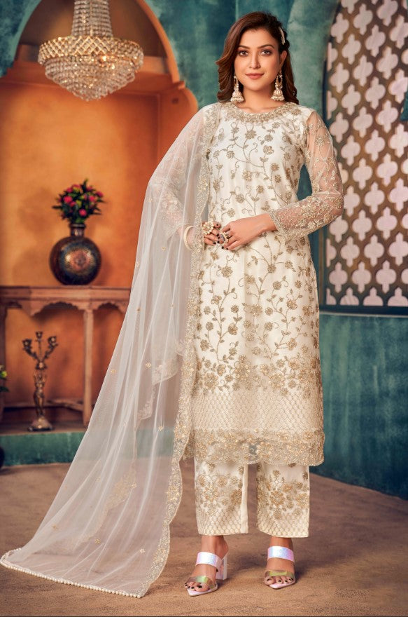 Off white salwar kameez set for USA women, perfect for sophisticated events and festive gatherings.