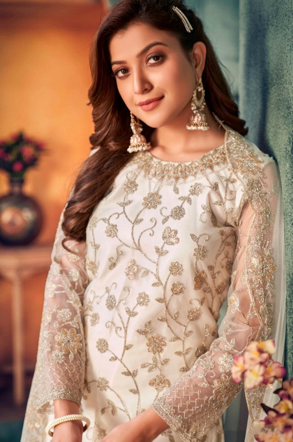 Sophisticated off white salwar kameez, USA women's elegant ethnic wear for celebrations.