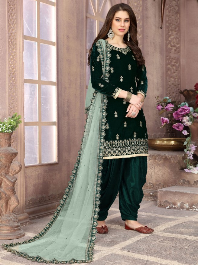 Elegant dark green velvet salwar kameez, sophisticated USA women's party wear.