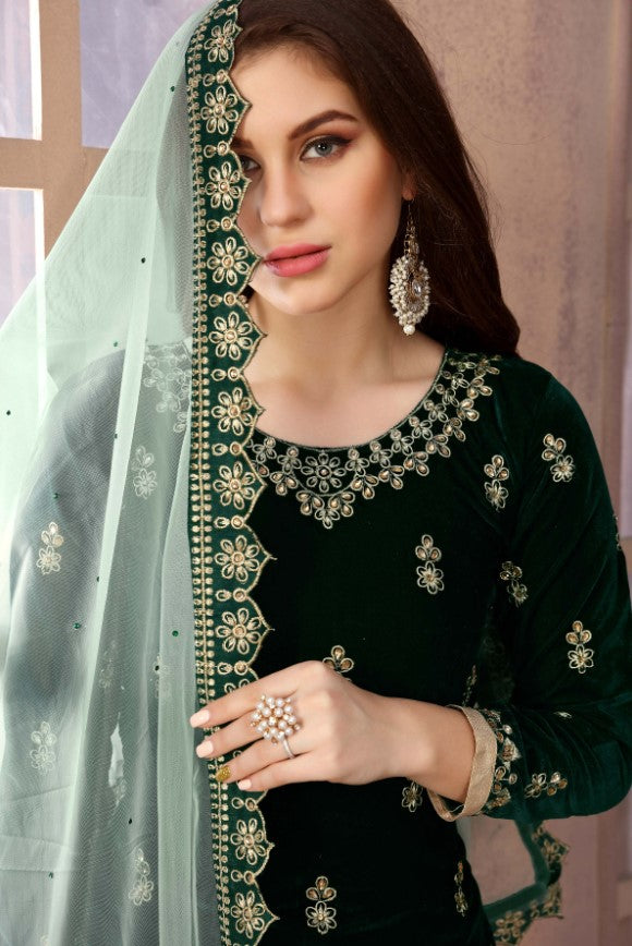 Dark green velvet salwar kameez, USA ethnic fashion for sophisticated occasions.