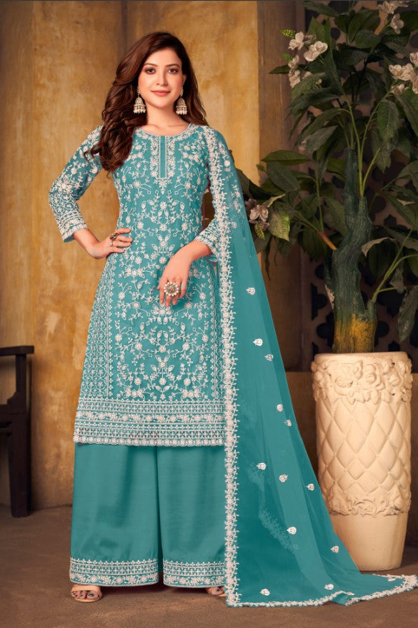 Elegant party wear teal blue salwar kameez set, USA exclusive