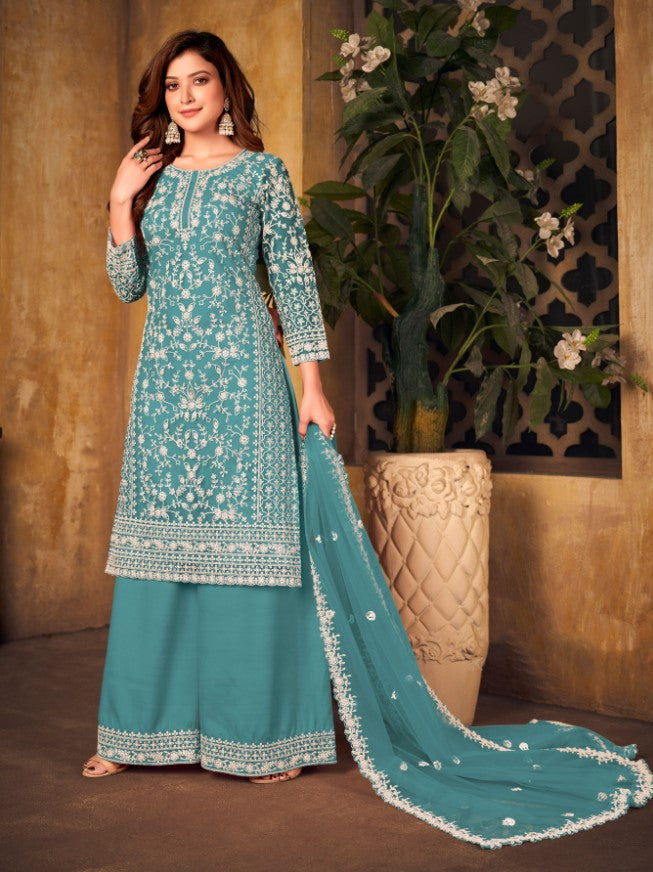 Designer teal blue salwar kameez for special occasions, USA women's wear