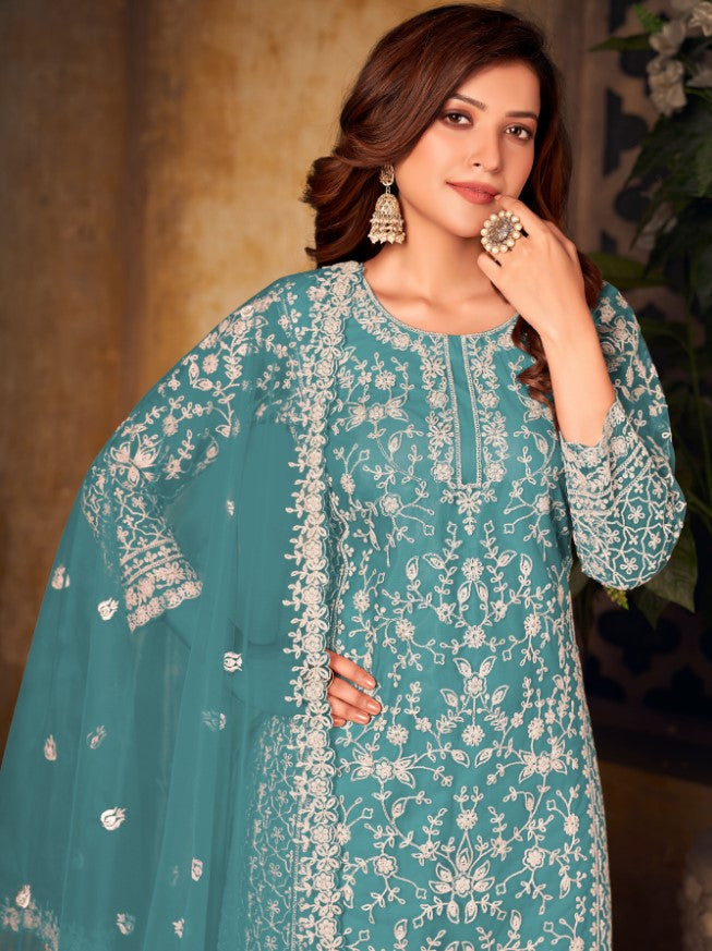 Stunning teal blue salwar kameez set for women, perfect for party wear in USA