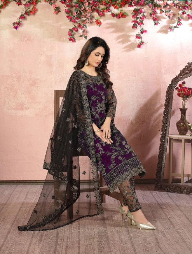 Elegant dark purple salwar kameez set for women, perfect for festive occasions.